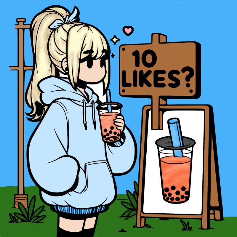 girl with oversized hoodie drinking boba and she has a high ponytail with a sign that says 10likes?