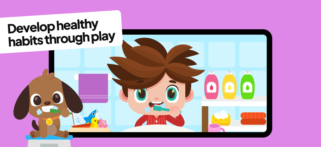 Papumba: Kids Learning Games - A cartoon boy and dog brushing their teeth in a learning game for kids