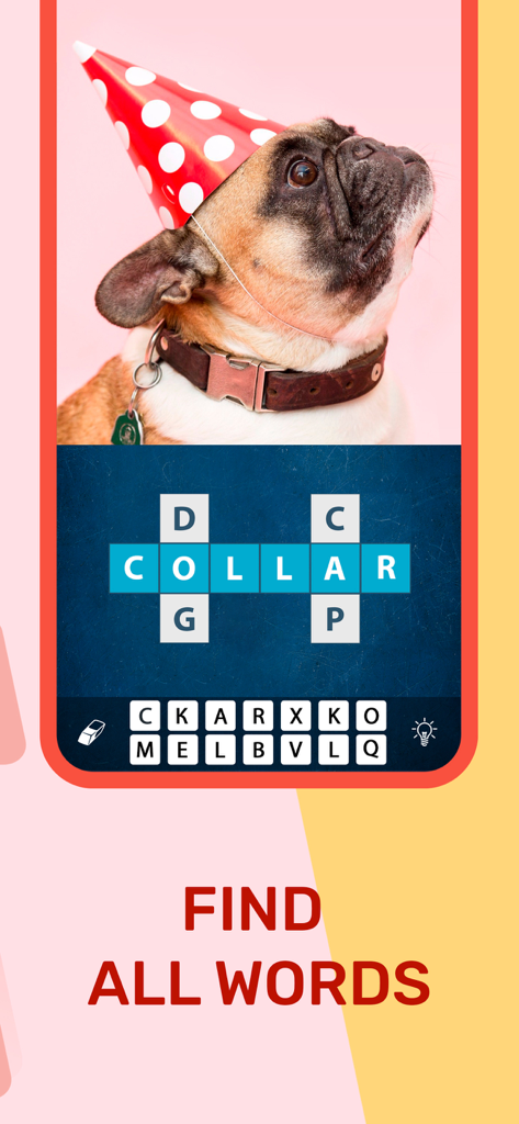Picture Crossword: Find Words - Picture Crossword game level featuring a pug in a party hat and a word puzzle grid.