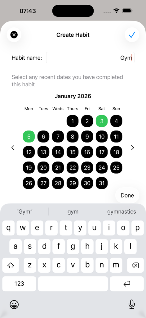 Screen to create a habit named Gym with a monthly calendar view in the Habit Tracker Pro app