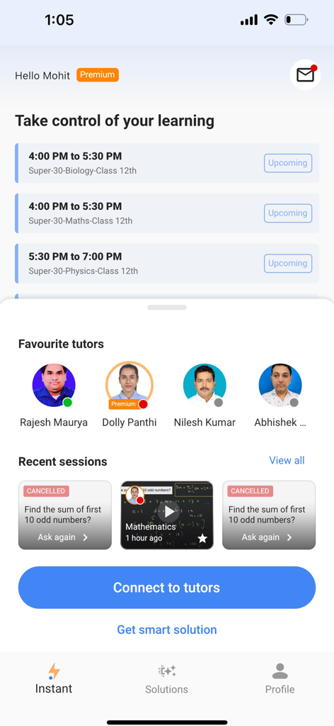 Filo: Homework & Exam Help - Filo app student dashboard showing upcoming high school classes and favorite tutors