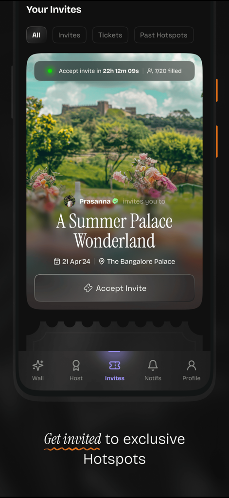 8club: Get Invited to Hotspots - A mobile app interface of 8club showing a summer palace wonderland event invitation with an accept invite button and navigation menu.