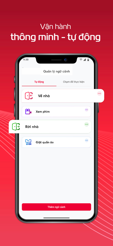 Viettel Home - Viettel Home app interface showing smart home automation scenarios such as coming home and leaving home settings.