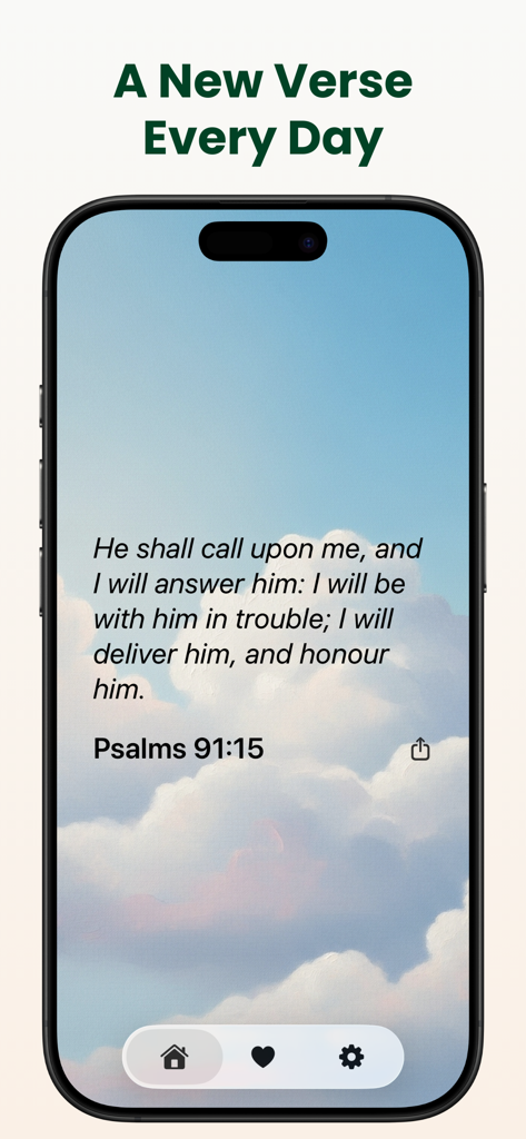 Daily Bible Verse Widget - Daily Bible Verse app interface showing Psalms 91 verse 15 on a scenic cloud background