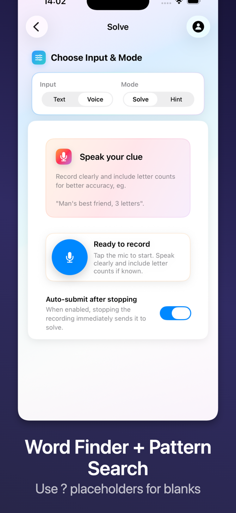 Crossword Clue Solver: Crossy - Crossy app screen showing voice input and hint mode settings for crossword clues