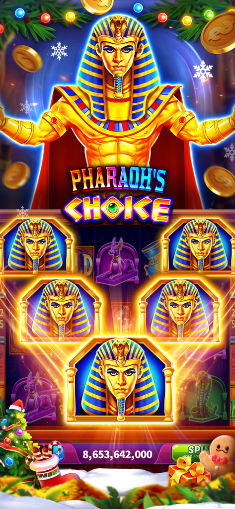 Jackpot Wins - Slots Casino - Una captura de pantalla en modo retrato de la máquina tragamonedas "Pharaoh's Choice" en Jackpot Wins, con temática egipcia combinada con decoraciones navideñas festivas.