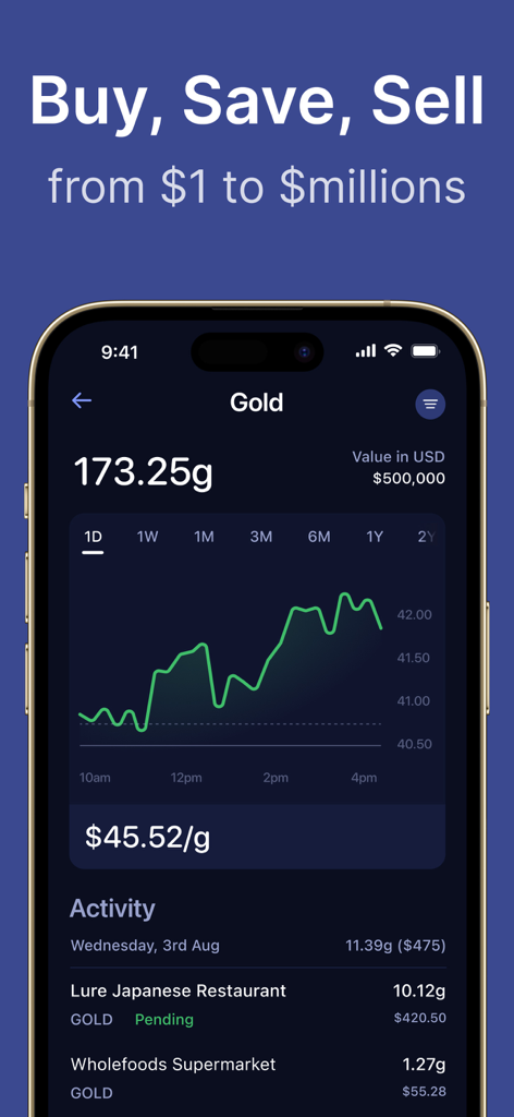 Mobile app interface showing a gold price chart and transaction history for spending gold