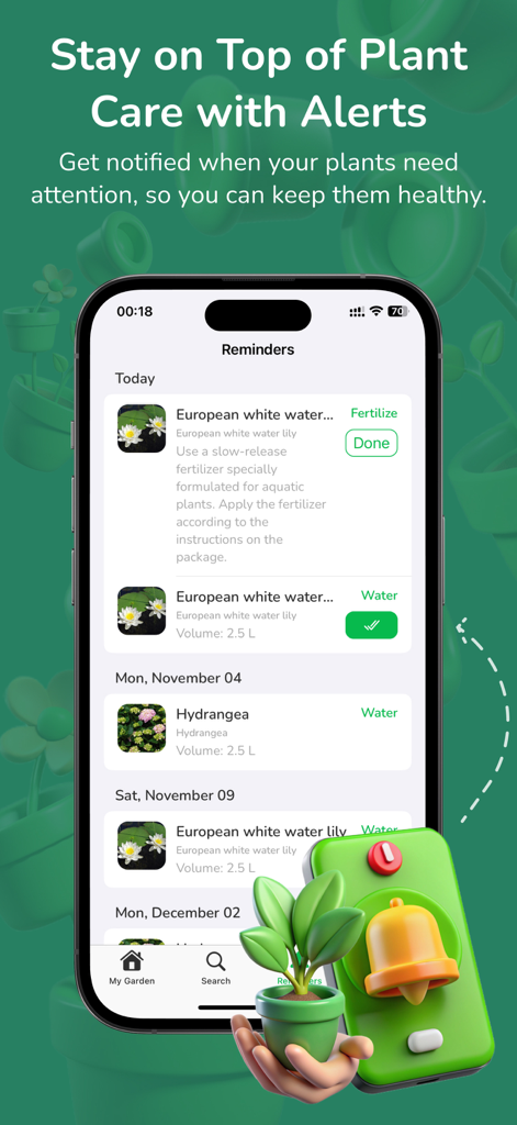 Planty | Plant Finder,Plant ID - Planty app Reminders screen displaying scheduled watering and fertilizing tasks for various plants