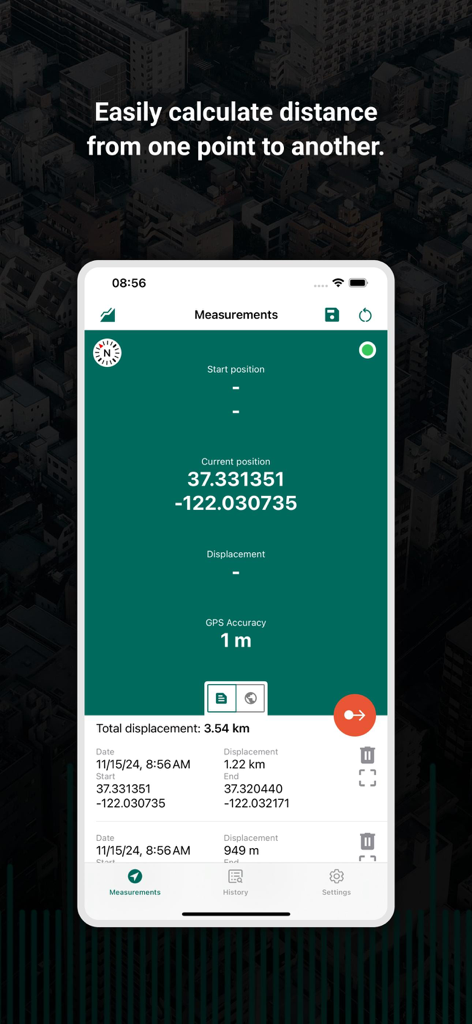 My GPS Tape Measure - Interface of the My GPS Tape Measure app showing coordinates and calculated outdoor distances