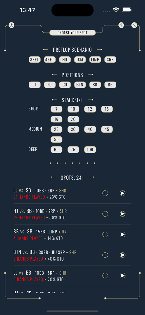 DTO MTT - GTO Poker Trainer - DTO MTT Poker Trainer App-Bildschirm zur Auswahl von Preflop-Szenarien und Positionen