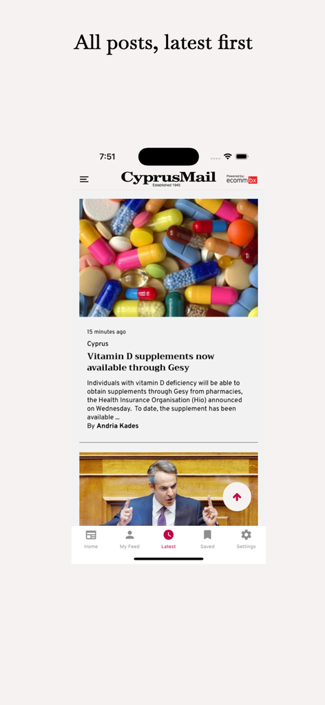 Latest news feed of the Cyprus Mail app showing a headline about vitamin D supplements and navigation icons