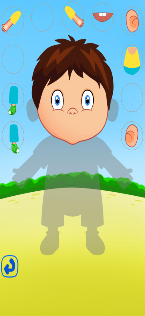 An interactive character puzzle screen from the Learn Body Parts easy educational app.