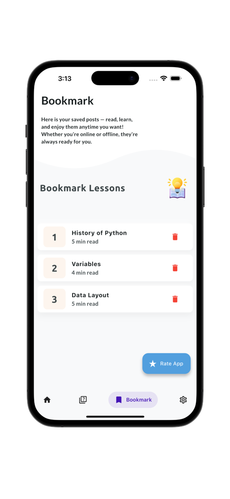 Mobile app screen showing bookmarked Python lessons like History of Python and Variables for offline reading