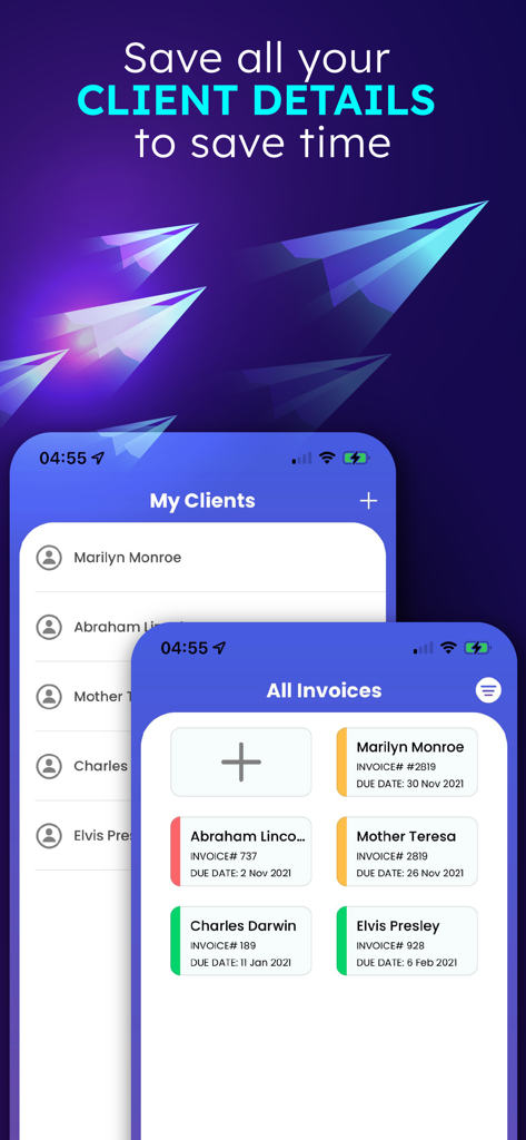 Invoice Maker + Estimate App - Smartphone display showing client management and invoice dashboard in the Invoice Maker app