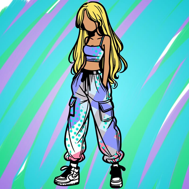 girl in baggy pants crop top and long hair