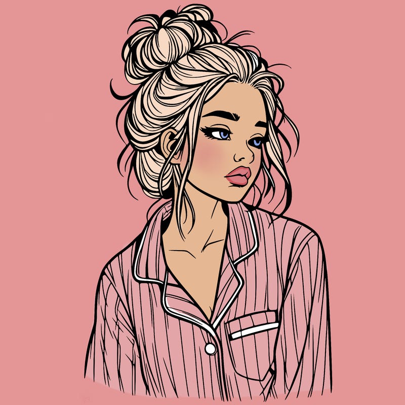 realistic woman with pajamas on and a messy bun
