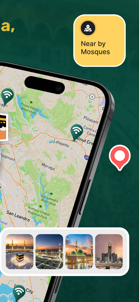 Qibla Compass - Qibla Locator - Interface de l'application boussole Qibla montrant les mosquées à proximité sur une carte et une galerie de lieux saints.