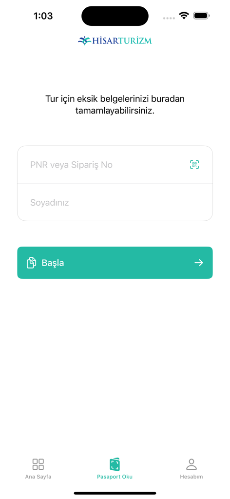 Hisar Turizm - Interface de l'application mobile Hisar Turizm montrant un formulaire de numérisation de passeport et de complétion de documents