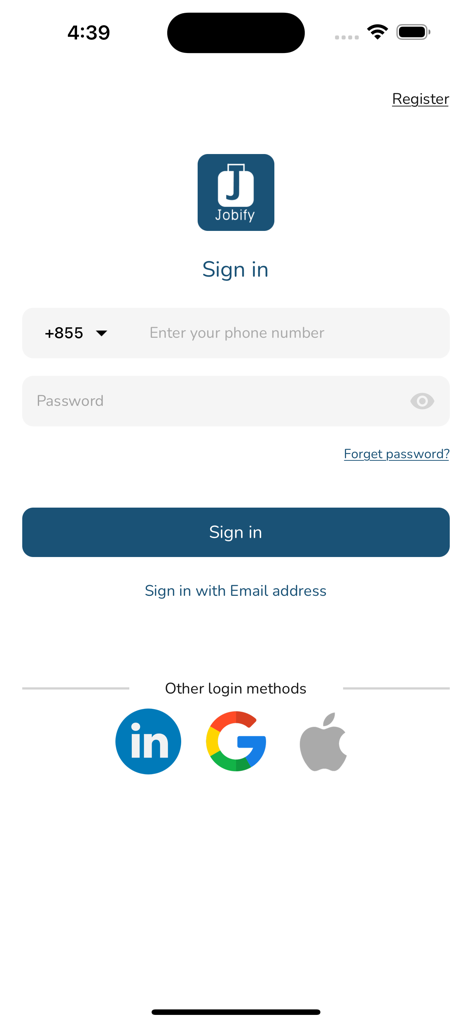 Sign in screen of the Jobify IT Job Matching app with social login options