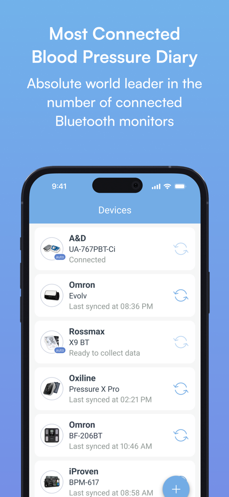 Interfaz de Diario de presión arterial MedM que muestra una lista de dispositivos de salud Bluetooth conectados