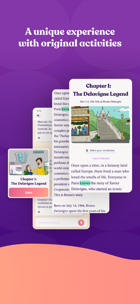 Aimigo Language Coach - Screenshot der Aimigo App, der eine storybasierte Sprachlernaktivität mit dem Titel 'The Delavigne Legend' zeigt