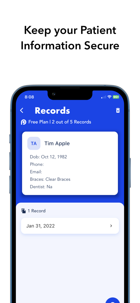 Ortho-Photo - A mobile app screen for Ortho-Photo showing a secure patient record profile with medical details.