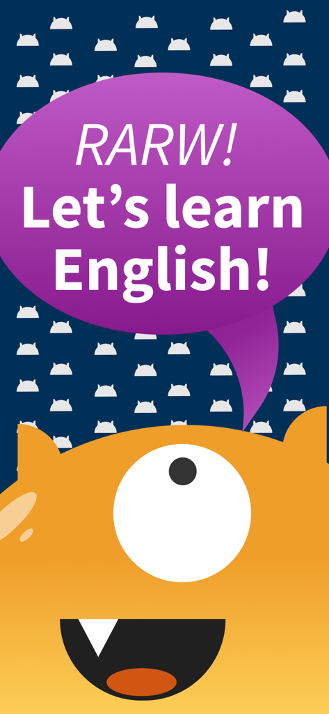 Un mostro arancione dei cartoni animati con una nuvoletta che dice RARW Impariamo l'inglese su uno sfondo blu