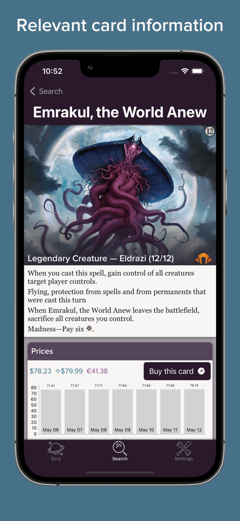 Interfaz de la aplicación Scry MTG que muestra información detallada de la carta y un gráfico del historial de precios de mercado para una carta de Magic the Gathering.