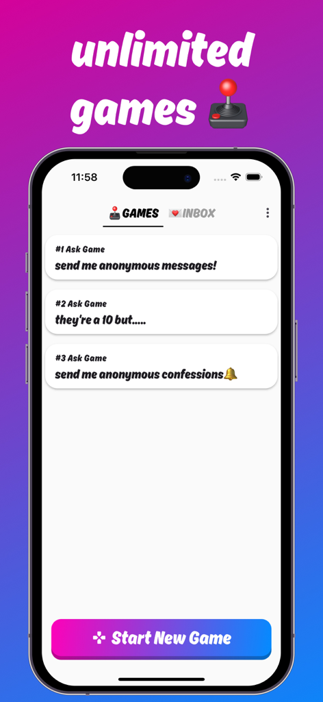 POV 앱 게임 화면 스크린샷, 익명 메시지 보내기 및 고백과 같은 다양한 익명 질문 프롬프트 표시