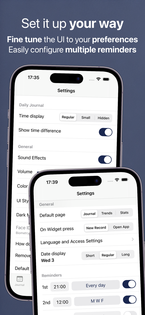 Daily Journal Log Feeltracker app settings screen showing UI customization options and multiple daily reminders