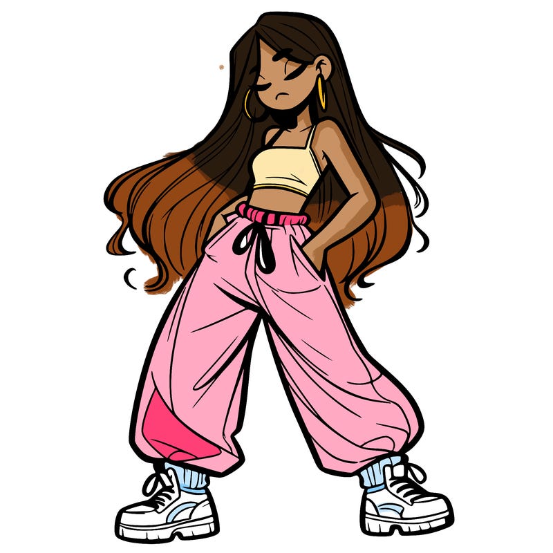 girl in baggy pants crop top and long hair