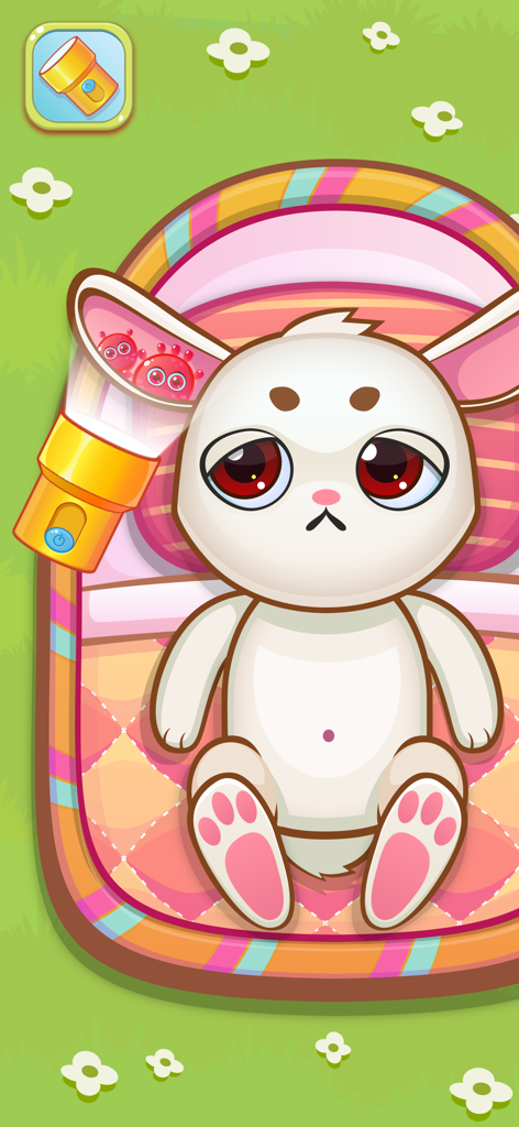 Doctor Pets - Animal Vet Games - Un lapin de dessin animé subit un examen des oreilles à l'aide d'une lampe de poche pour trouver des germes rouges dans un jeu de clinique vétérinaire pour enfants.