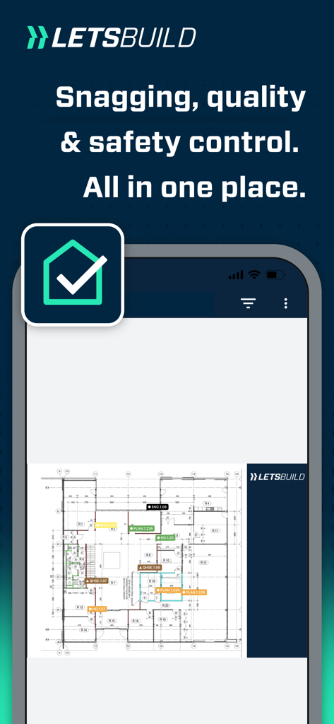 Aproplan App-Oberfläche zeigt Markierungen für Mängel und Qualitätskontrolle auf einem digitalen Bauplan