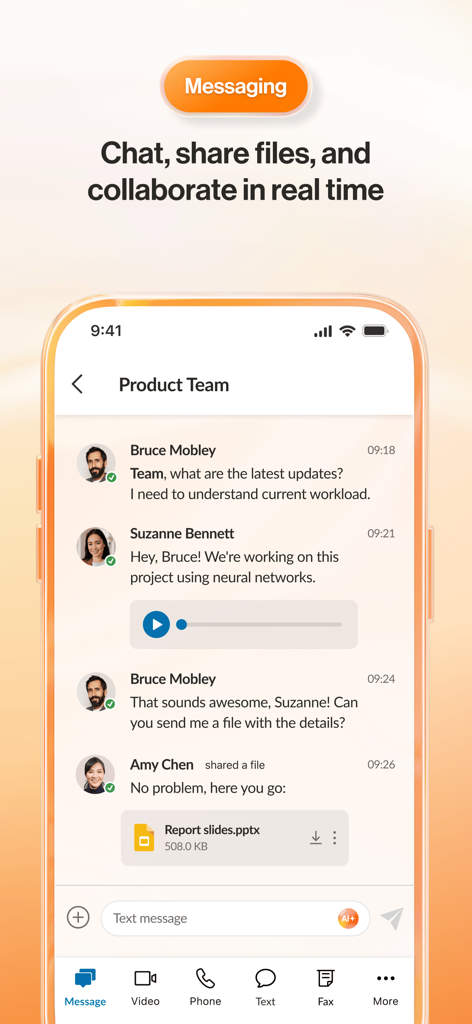 RingCentral mobile app messaging interface showing a team chat with file sharing and voice messages.