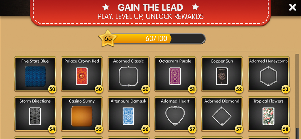 Pinochle Palace level up screen showing unlockable card backs and avatar frames.