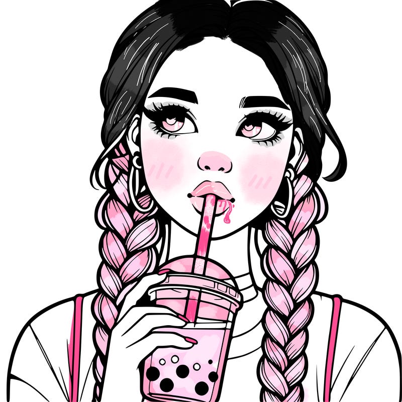 realistic girl with braided hair drinking boba