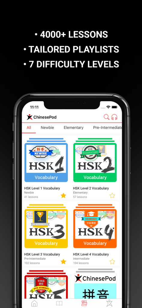 ChinesePod app interface showing HSK vocabulary lesson cards and difficulty categories