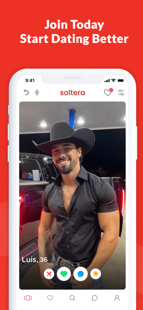 Smartphone screen displaying the Soltera dating app interface with a high quality profile of a handsome Latino man
