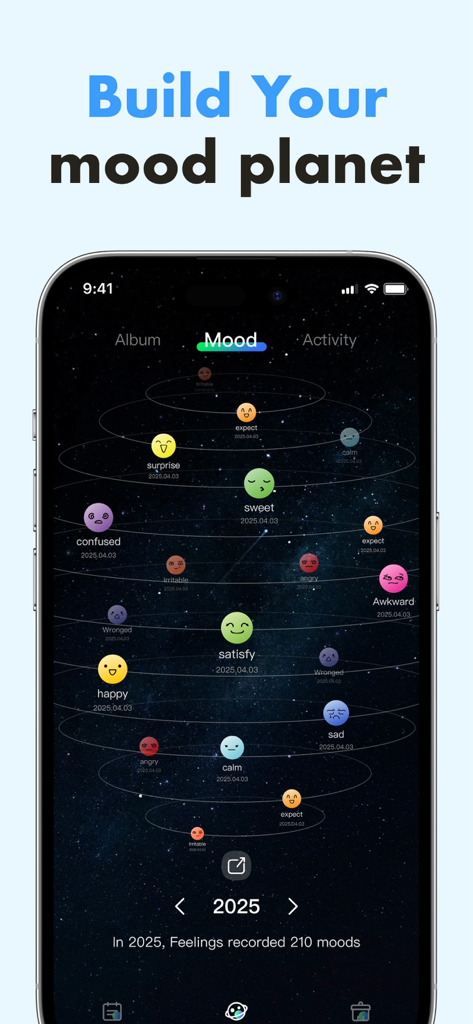 Memory Master app Emotional Planet interface showing a cosmic themed mood tracker with colorful emojis on orbital paths