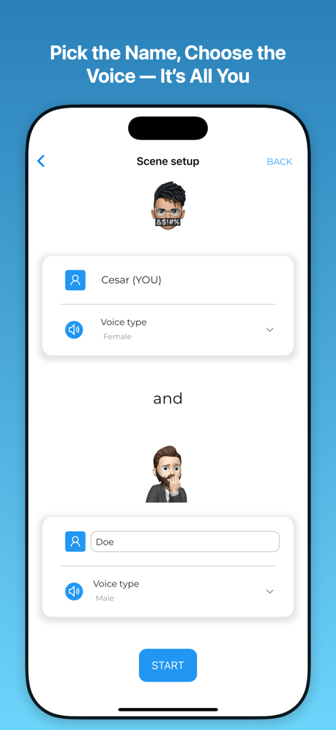 Langua app screen for setting up a conversation scene by choosing character names and voice types.