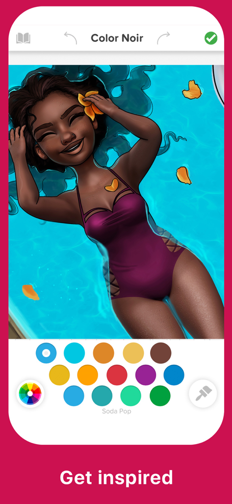 A digital coloring page showing a Black woman floating in a pool.