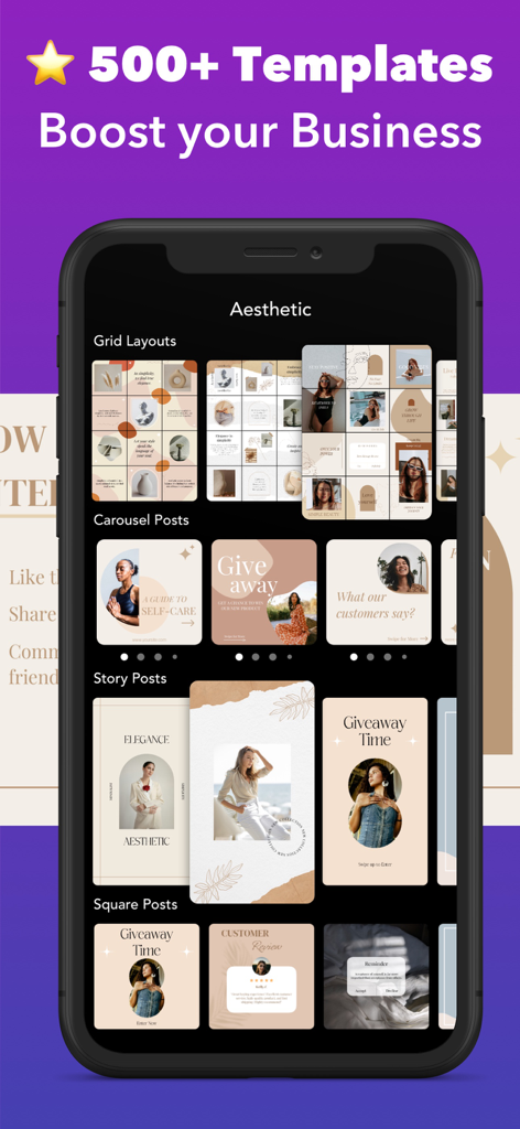 Griddy app interface showcasing over 500 aesthetic templates for Instagram grid layouts carousels and story posts