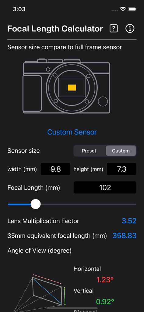 技術的なセンサー寸法と35mm換算レンズ計算を示す焦点距離計算機アプリの画面