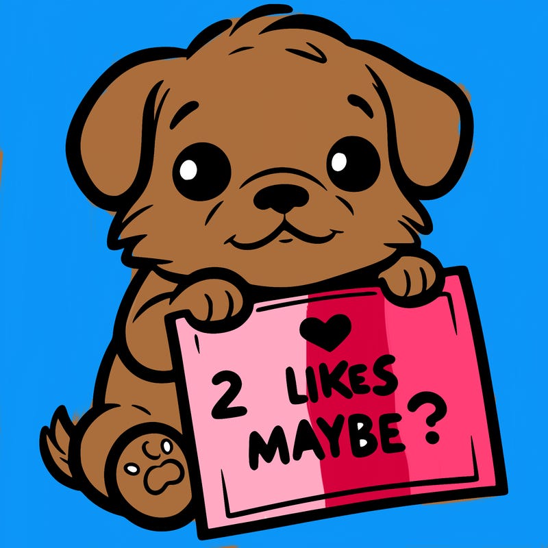a puppy holding a sign that says 2 likes maybe?