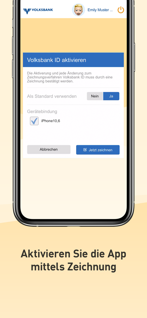 Volksbank ID - Activation screen of the Volksbank ID app showing device binding and signing options