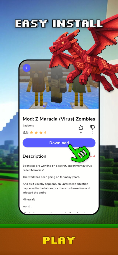 Torgo: Addons & Maps for MCPE - Minecraft PE zombie mod download page with an easy install button and a red dragon illustration