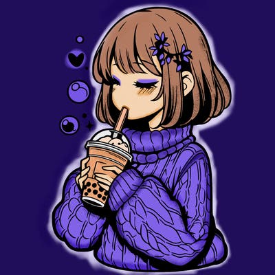 manga girl drinking boba in cozy sweater