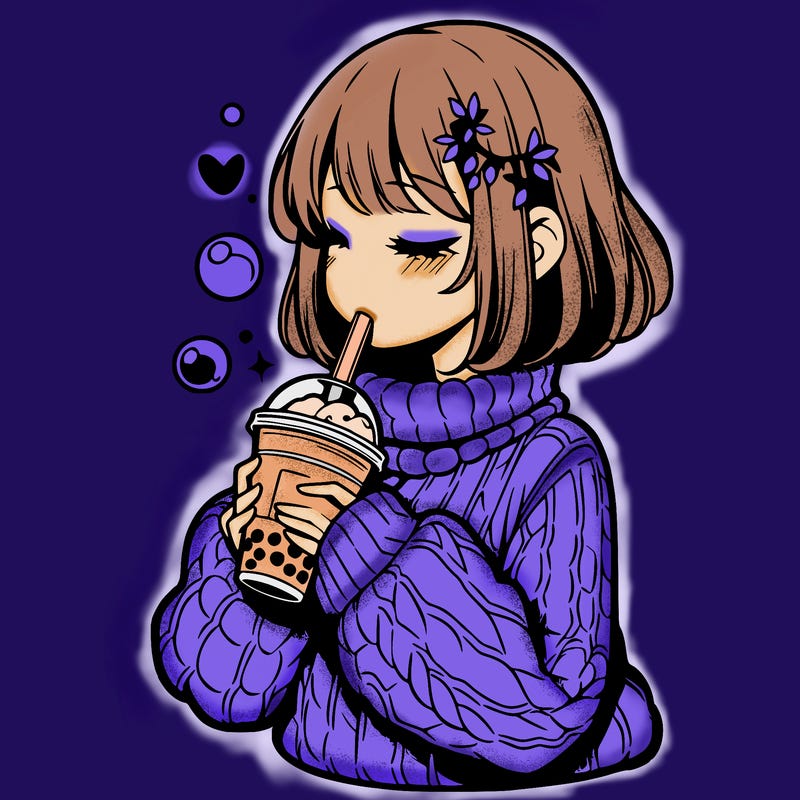 manga girl drinking boba in cozy sweater