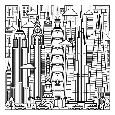 Embark on an architectural adventure with this captivating coloring page featuring iconic skyscrapers from around the globe. Perfect for enthusiasts of cityscapes and world-famous landmarks, this design offers a detailed canvas for your creative expression.