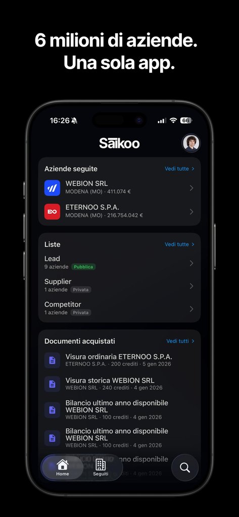 Saikoo - CRM - サイクーCRMのホーム画面。フォロー中の企業と財務書類リストが表示されています。